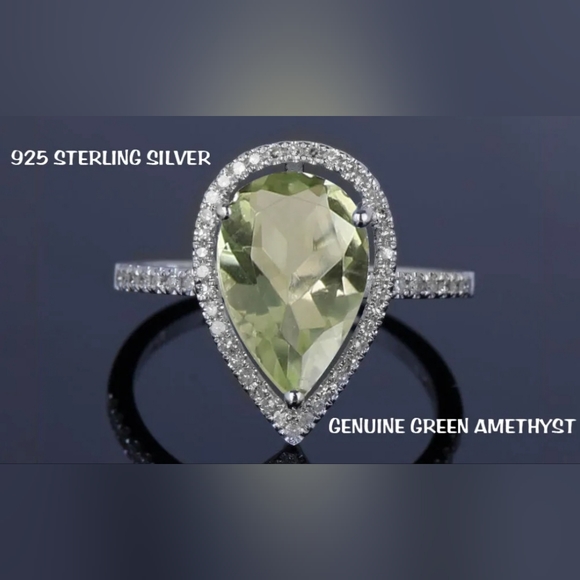 4.00 CTTW Lab Created Green Amethyst Gemstone Pear Cut Sterling Silver Ring - Picture 4 of 4